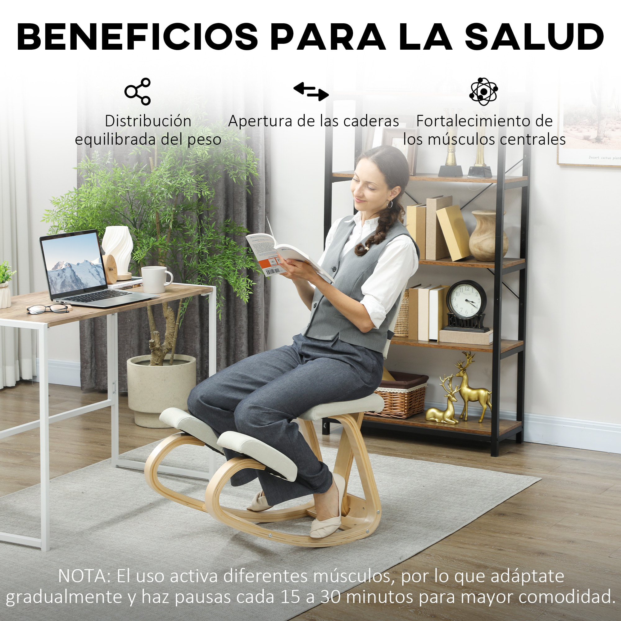 Silla Ergonómica de Rodillas con Respaldo, Silla de Rodillas, Cojines Acolchados, Marco de Madera, para una Mejor Postura, Oficina, Crema