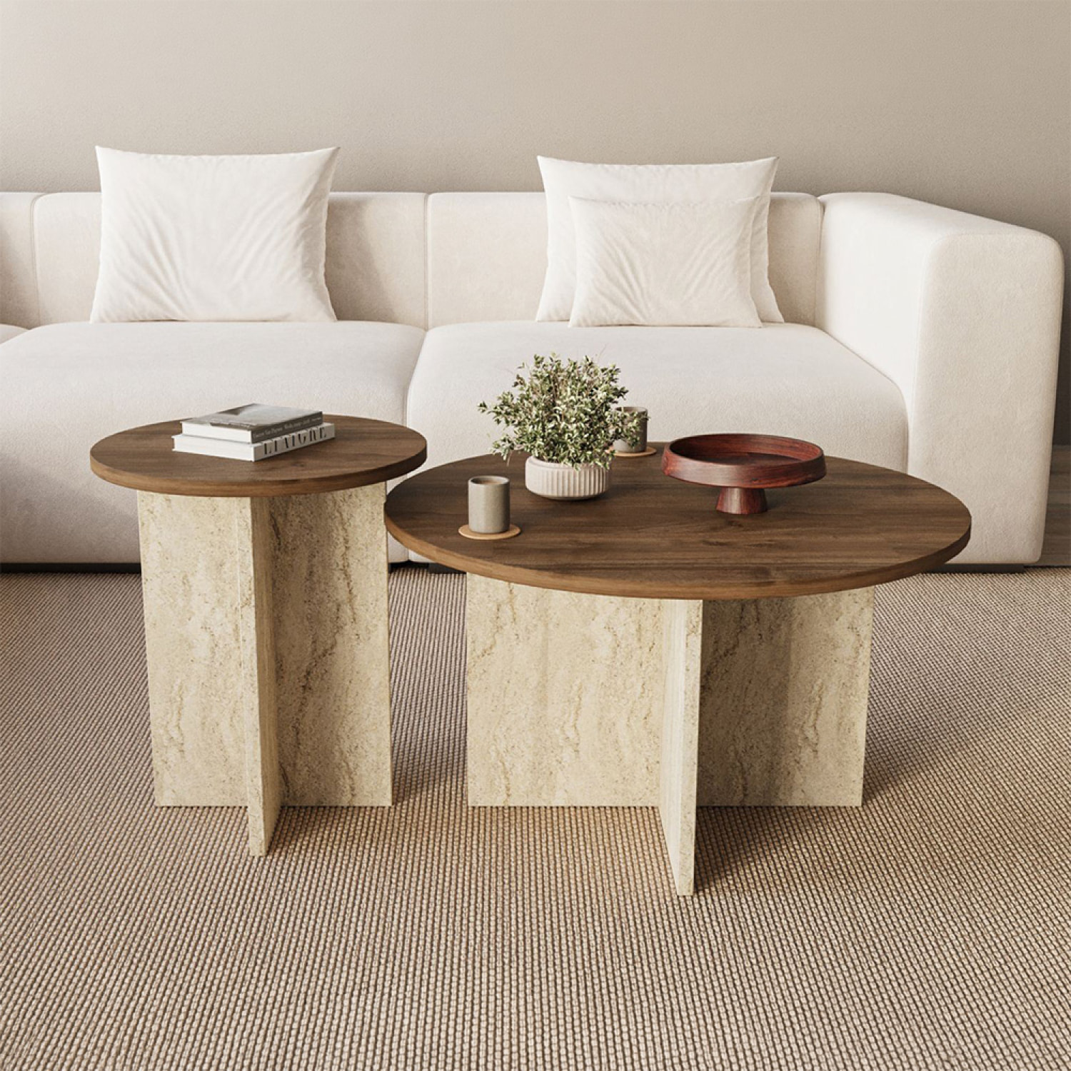 Ensemble de 2 tables basses rondes effet noyer et travertin BLISS