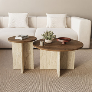 Ensemble de 2 tables basses rondes effet noyer et travertin BLISS