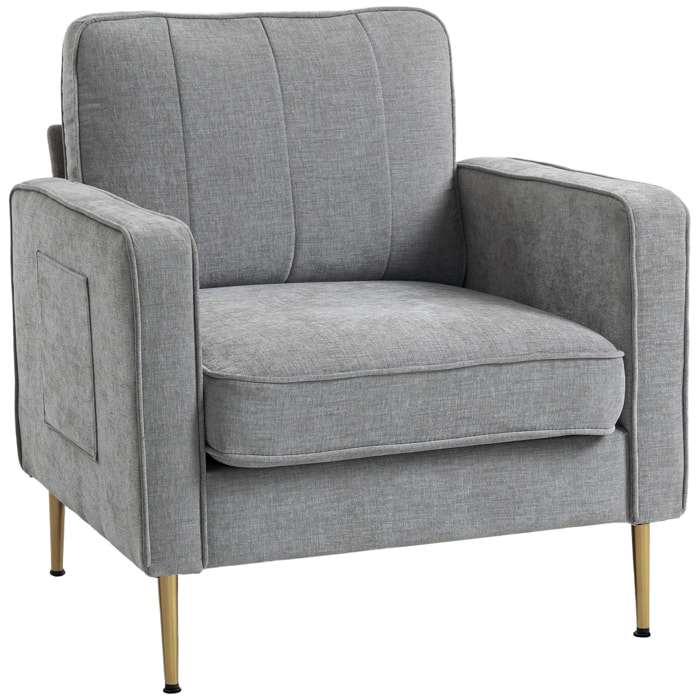 Fauteuil style art déco piètement métal doré tissu gris clair