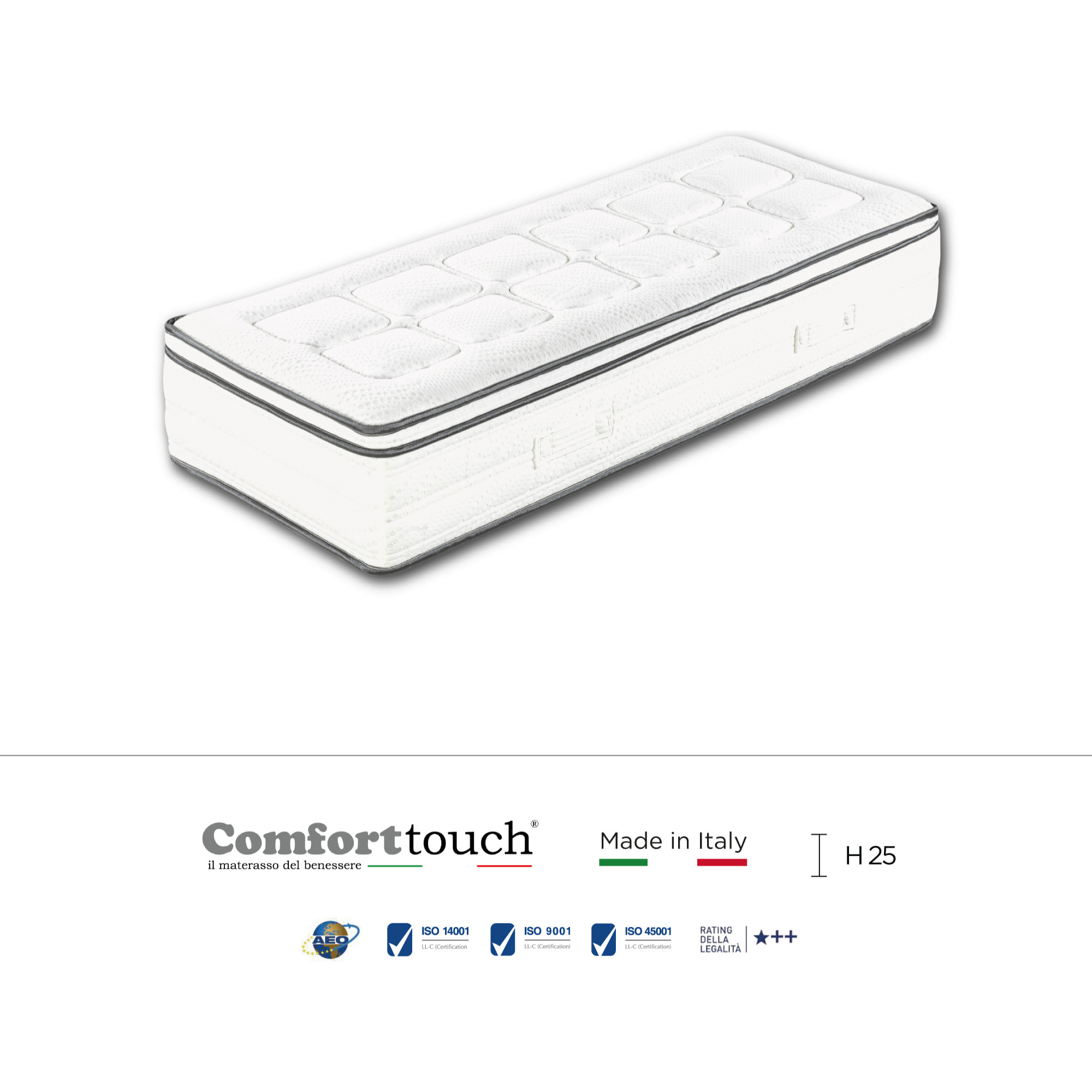 "Velvet" H25 cm 80x200 guanciale Memory OMAGGIO 2cm memory foam