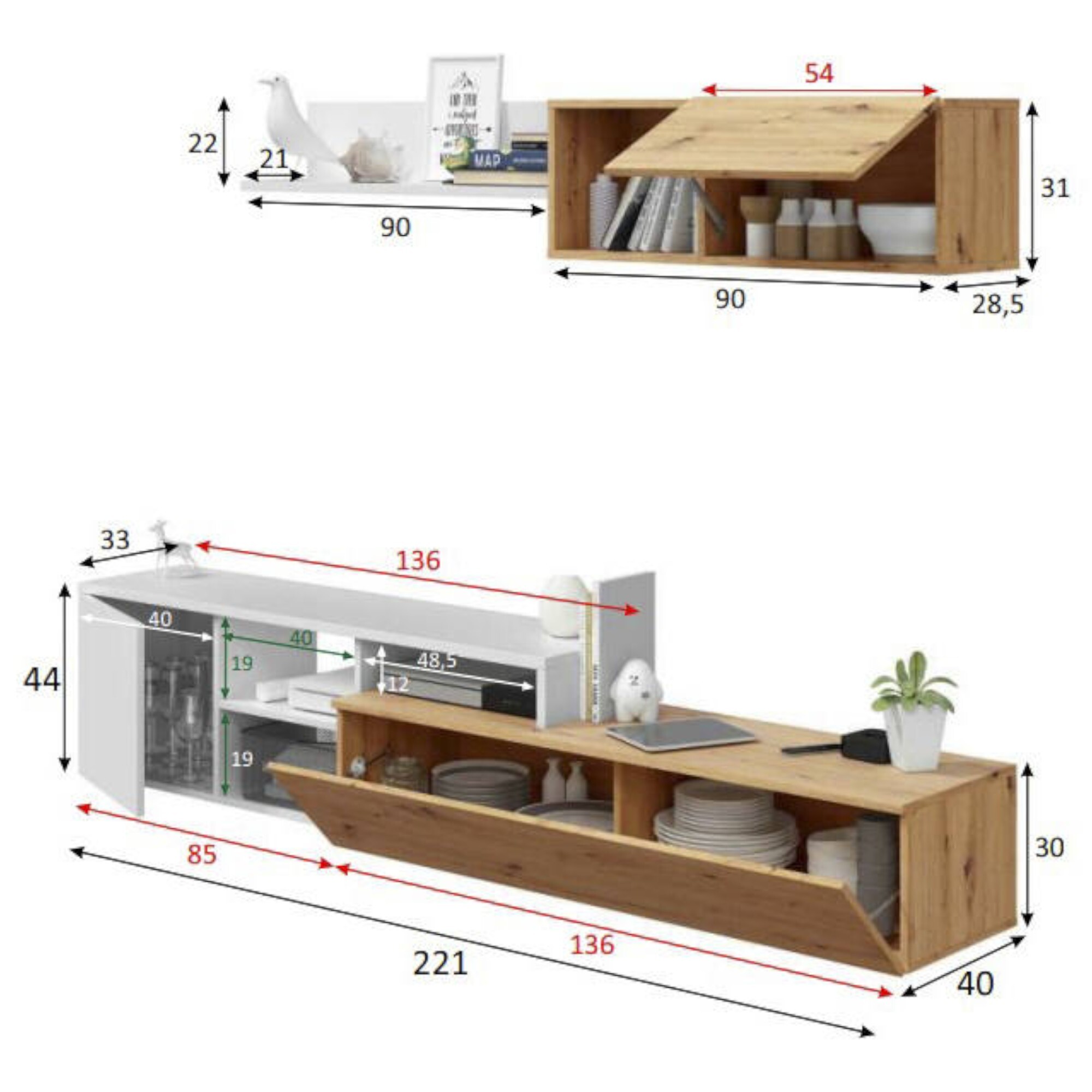 Parete attrezzata Aligator, Mobile da soggiorno porta TV reversibile, Composizione per salotto con pensile e mensola, 220x40h44 cm, Rovere effetto nodi e Bianco