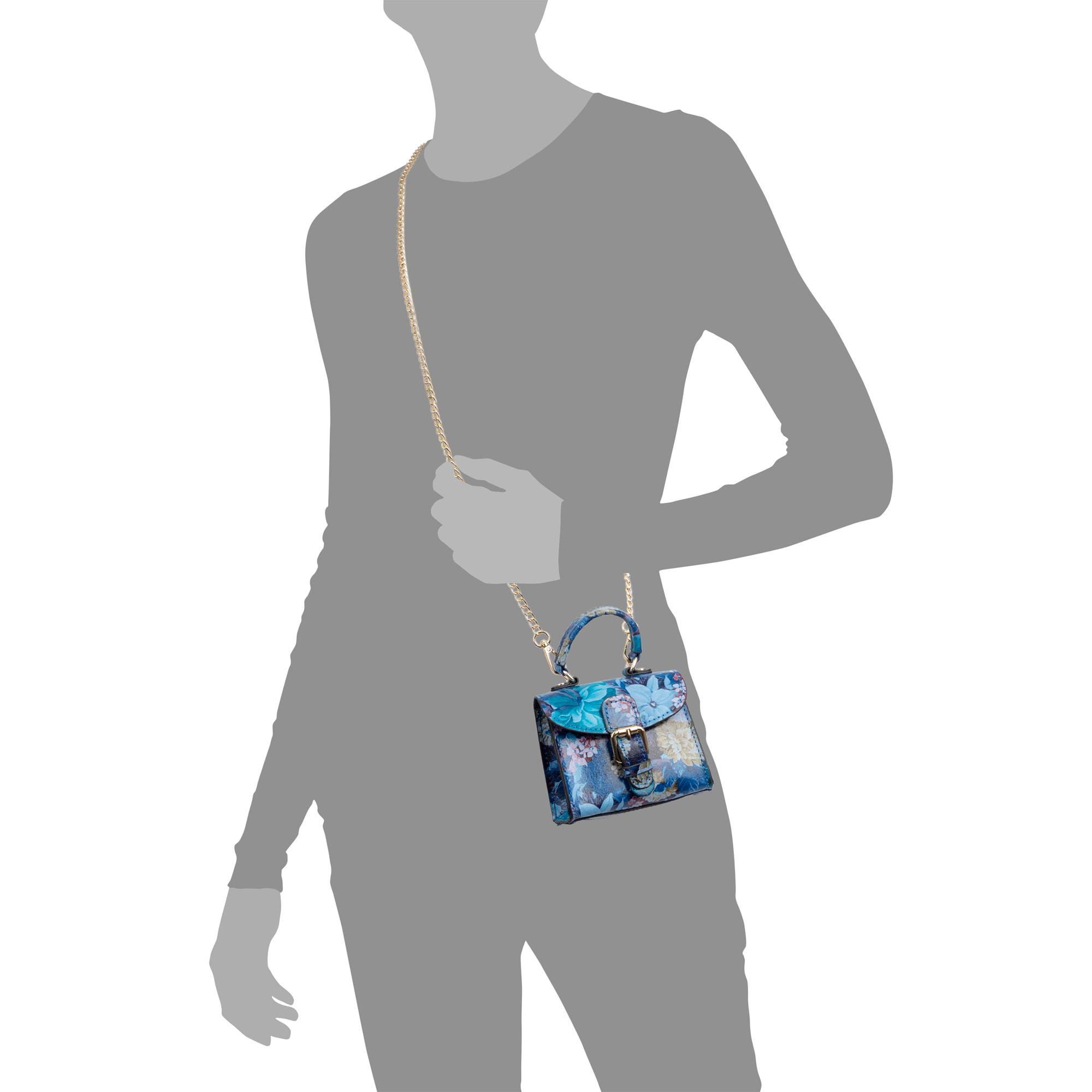 Annicco mini borsa a mano e a tracolla per donna. Pelle autentica finitura Ruga stampata con fiori.