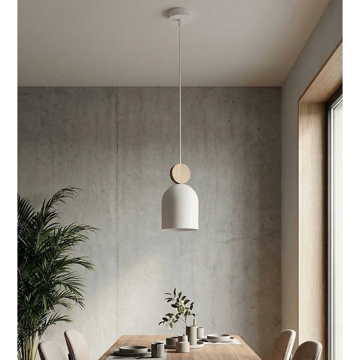 Lampada a sospensione Mesi in acciaio bianco opaco e legno