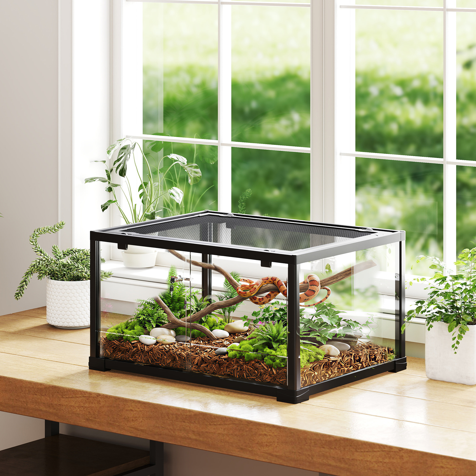 Terrarium 86L - toit maillé et porte coulissante verrouillable - 50x30x35cm - alu noir verre