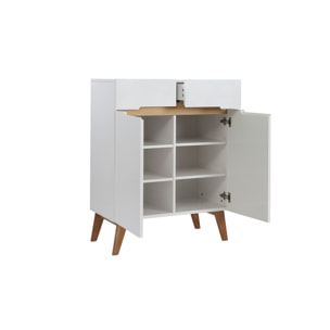 Buffet scandinave blanc brillant et finition bois clair 2 portes 2 tiroirs L80cm MELKA