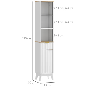 Colonne de salle de bain design effet cannelé - porte, étagère, tiroir, 3 niches - blanc effet bois