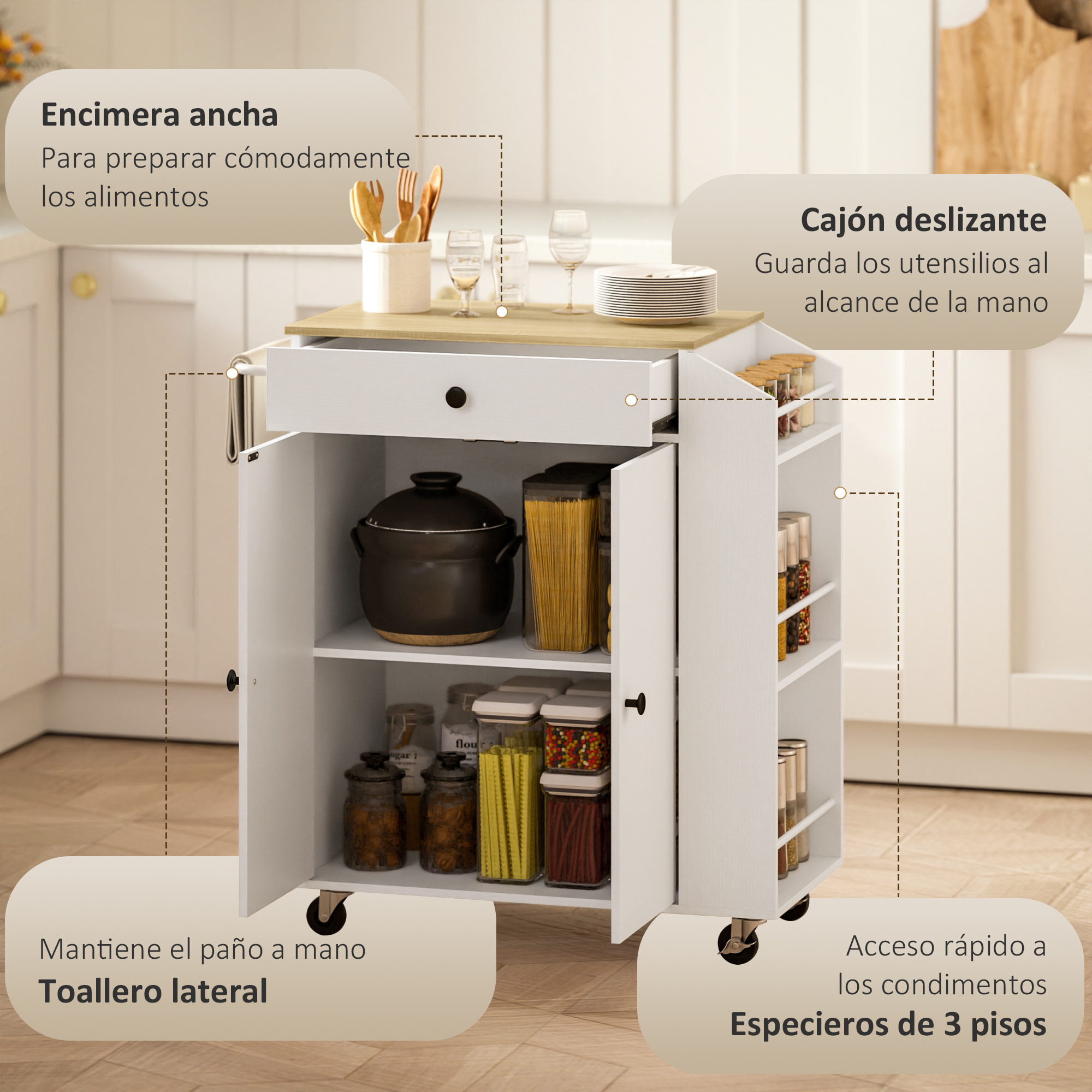 Isla de Cocina con Ruedas Carrito de Cocina Mueble Auxiliar de Cocina con 2 Puertas Cajón Especiero de 3 Niveles Toallero y Estante Ajustable 82x38x86,5 cm Blanco