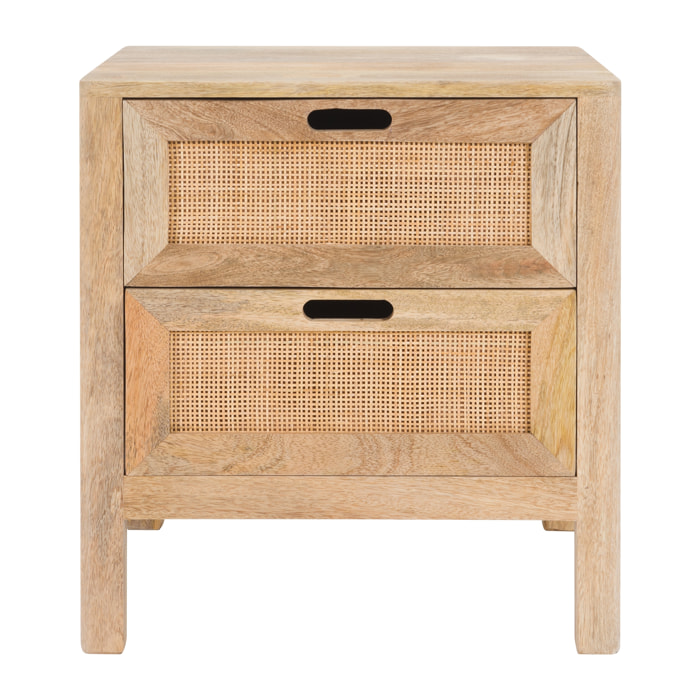 Table de chevet 2 tiroirs en bois de manguier et cannage - Félix