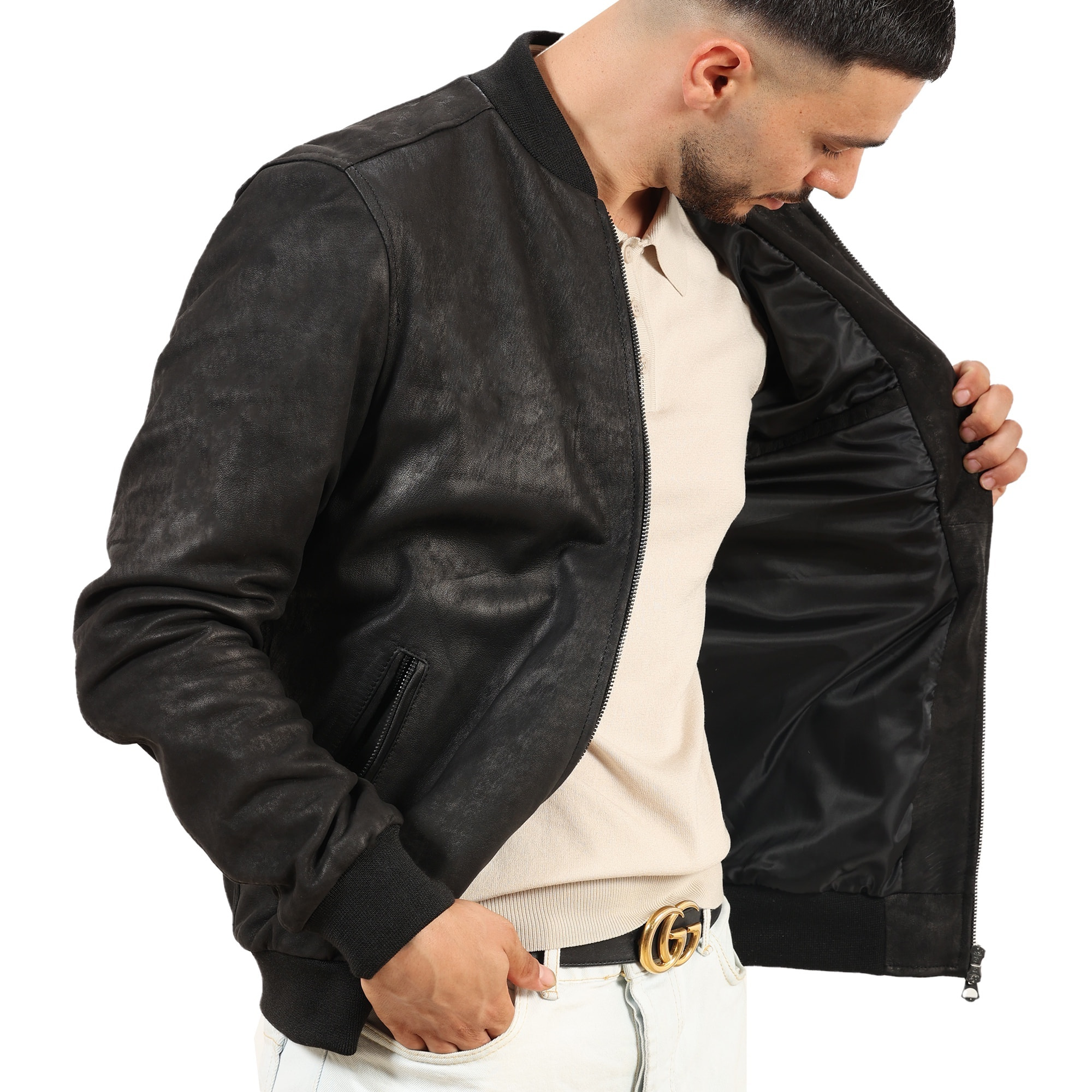 Giubbino in vera pelle di vitello rifinizione dakota Nero-Slim Fit