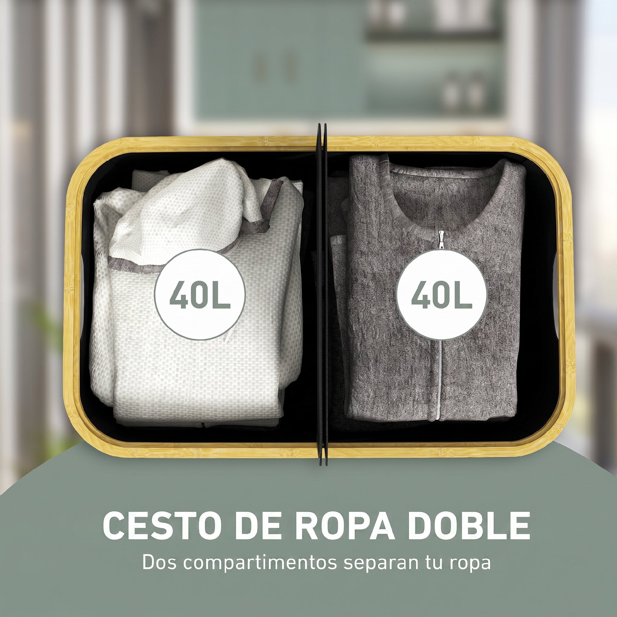 Cesto de Ropa Sucia con Tapa, 80L, Cesta de Ropa Sucia Plegable de Tela no Tejida, Marco de Bambú, con 2 Compartimentos, Asas de Ranura, para Lavandería, 54x34x58,5 cm, Negro