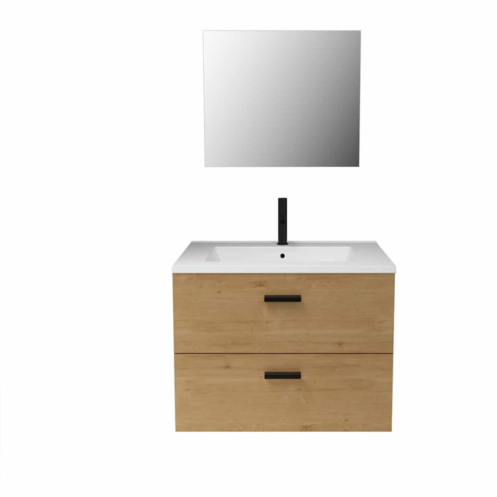 Meuble salle de bain 60 cm suspendu 2 tiroirs finition Bois avec vasque et miroir - BOX-IN 60 WOOD