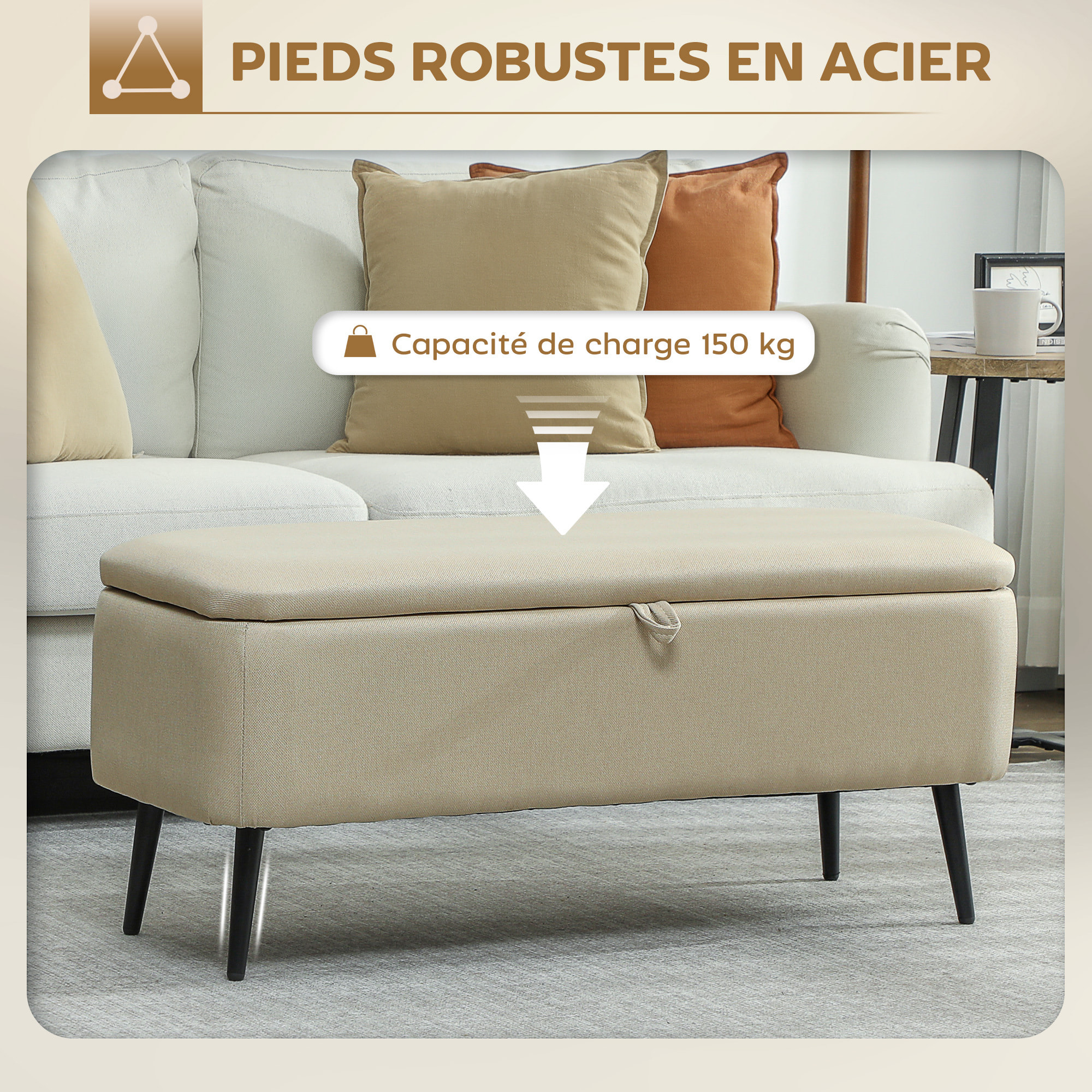 Banc coffre de rangement 2 en 1 dim. 102L x 40l x 39H cm piètement acier noir tissu beige