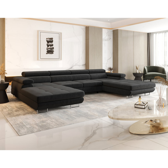 Ayden - Canapé panoramique en U 7 places convertible avec coffre et têtières réglables en tissu - Gris