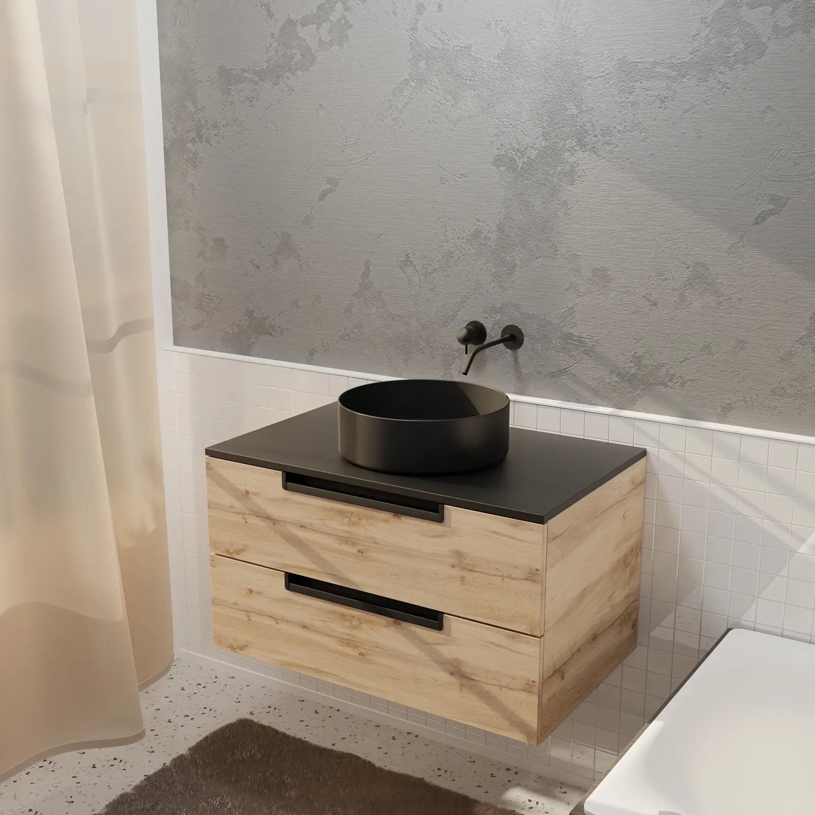 Meuble salle de bains 80 cm a Suspendre Decor Bois et Plan Noir - 2 Tiroirs - Vasque Noire 36 cm