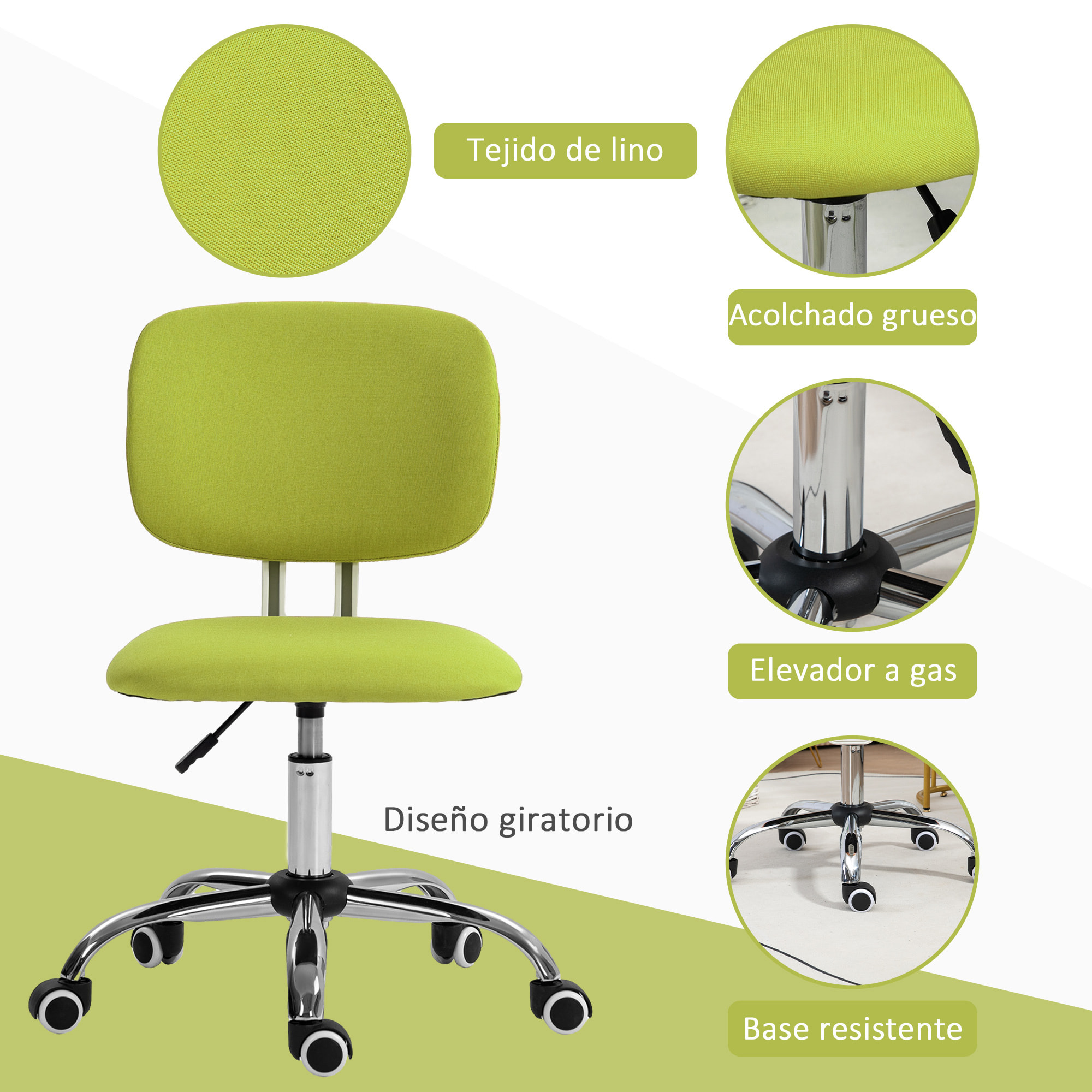 Silla de Oficina sin Brazos Silla de Escritorio Giratoria Tapizado de Tela con Altura Ajustable Estilo Moderno Carga 120 kg 48x53x80-90 cm Verde Lima