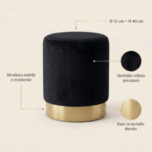 Pouf cilindrico in velluto con base dorata, sgabello imbottito elegante e resistente, seduta compatta salvaspazio, ideale per salotto camera ingresso e toeletta, design moderno glamour e versatile