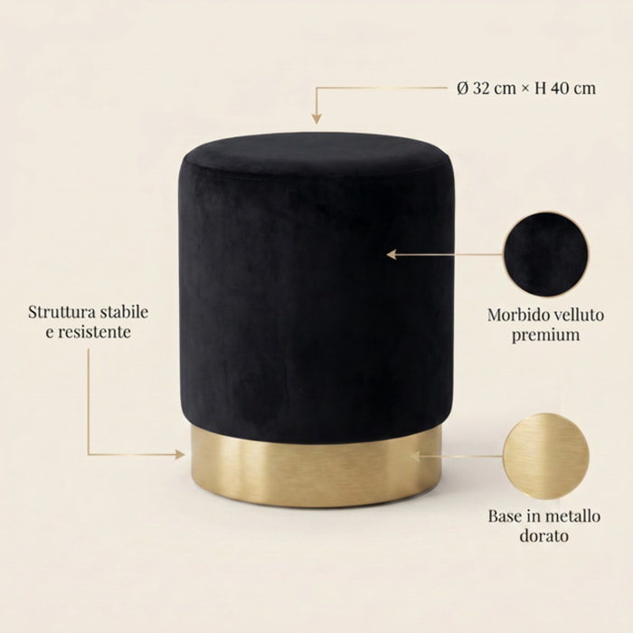 Pouf cilindrico in velluto con base dorata, sgabello imbottito elegante e resistente, seduta compatta salvaspazio, ideale per salotto camera ingresso e toeletta, design moderno glamour e versatile