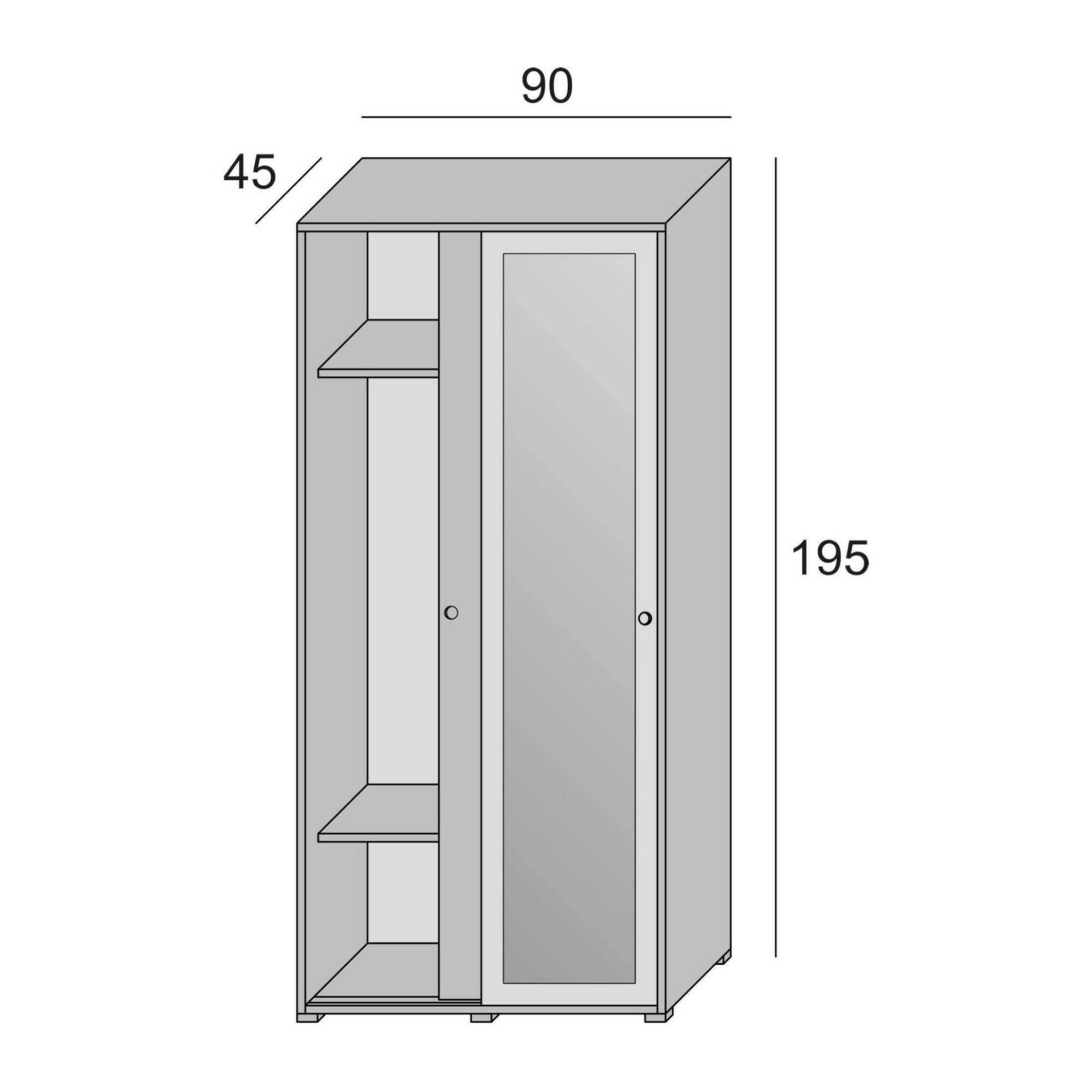 Guardaroba Tulipano, Armadio a 2 ante scorrevoli e specchio, Mobile con barra appendiabiti e ripiani, 100% Made in Italy, Cm 90x45h195, Bianco