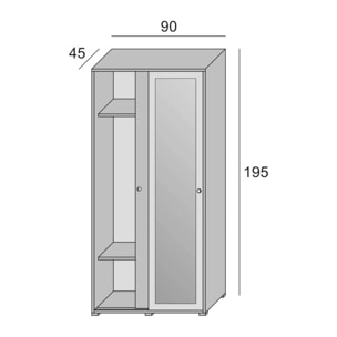 Guardaroba Tulipano, Armadio a 2 ante scorrevoli e specchio, Mobile con barra appendiabiti e ripiani, 100% Made in Italy, Cm 90x45h195, Bianco