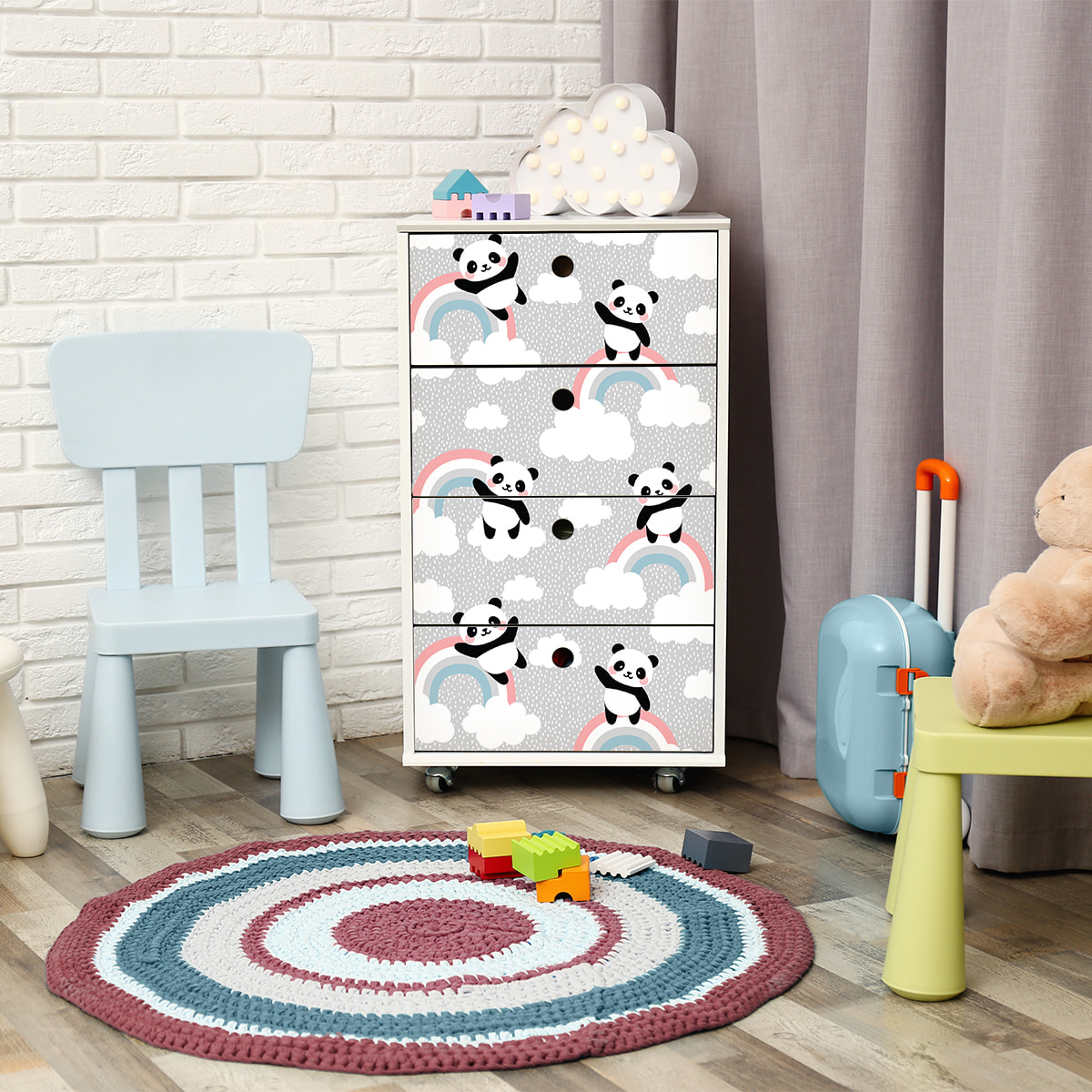 Sticker meuble enfant pandas et arcs-en-ciel 60 x 90 cm