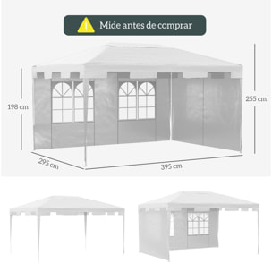 Carpa de Jardín 4x3 m Cenador Desmontable Exterior Gazebo con 2 Paneles Laterales 2 Ventanas y Marco de Acero Anti-UV Impermeable para Terraza Patio Blanco