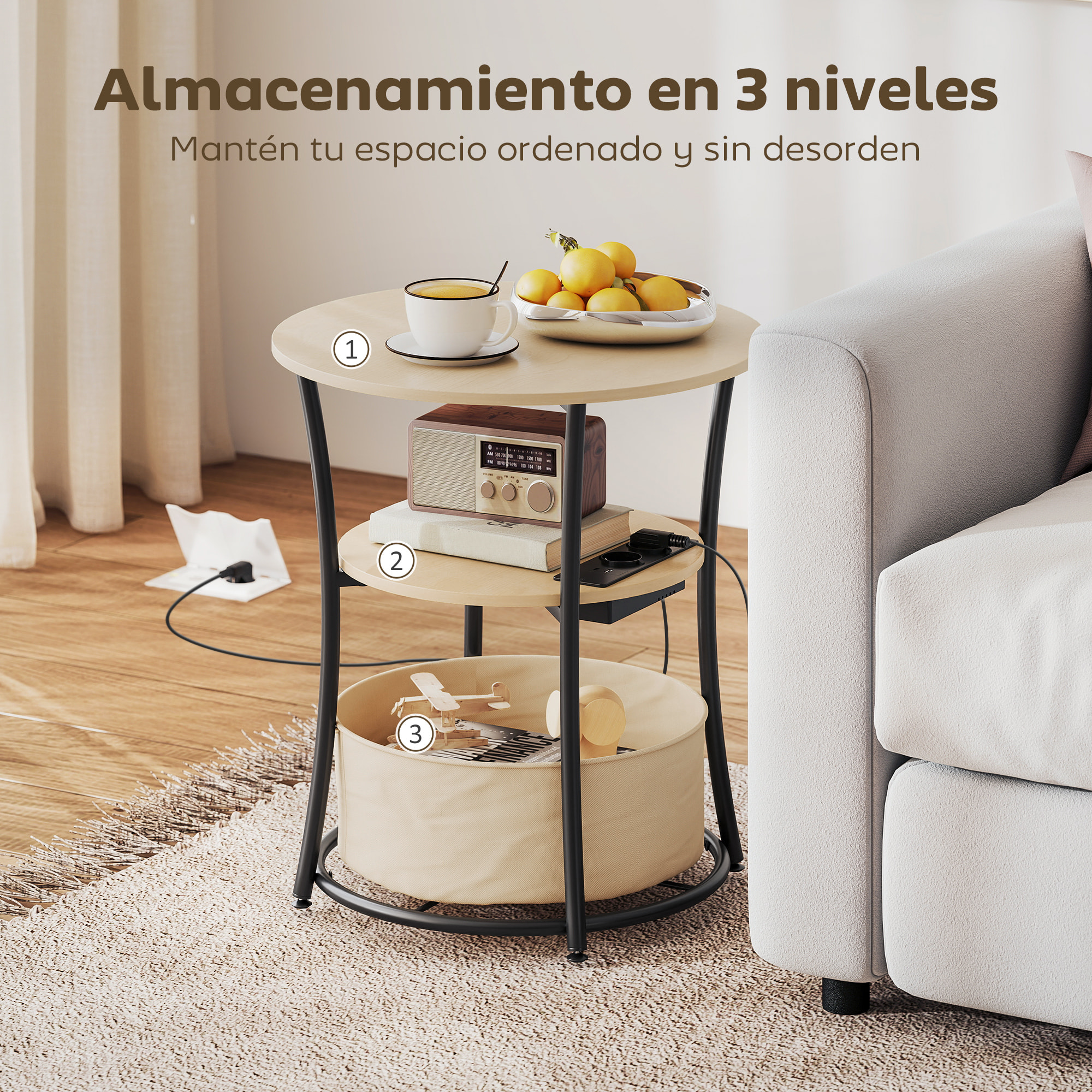 Mesa Auxiliar Redonda de 3 Niveles con Estación de Carga, Mesita Auxiliar Industrial con 2 Estantes Abiertos, Bolsa de Almacenaje, para Salón, Dormitorio, Librería, Ø50x55,1 cm, Madera Natural