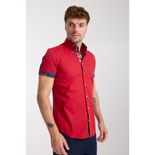 Camicia Uomo Manica Corta 2 Bottoni Button Down 7 Botto Popeline Stretch Unito Rosso