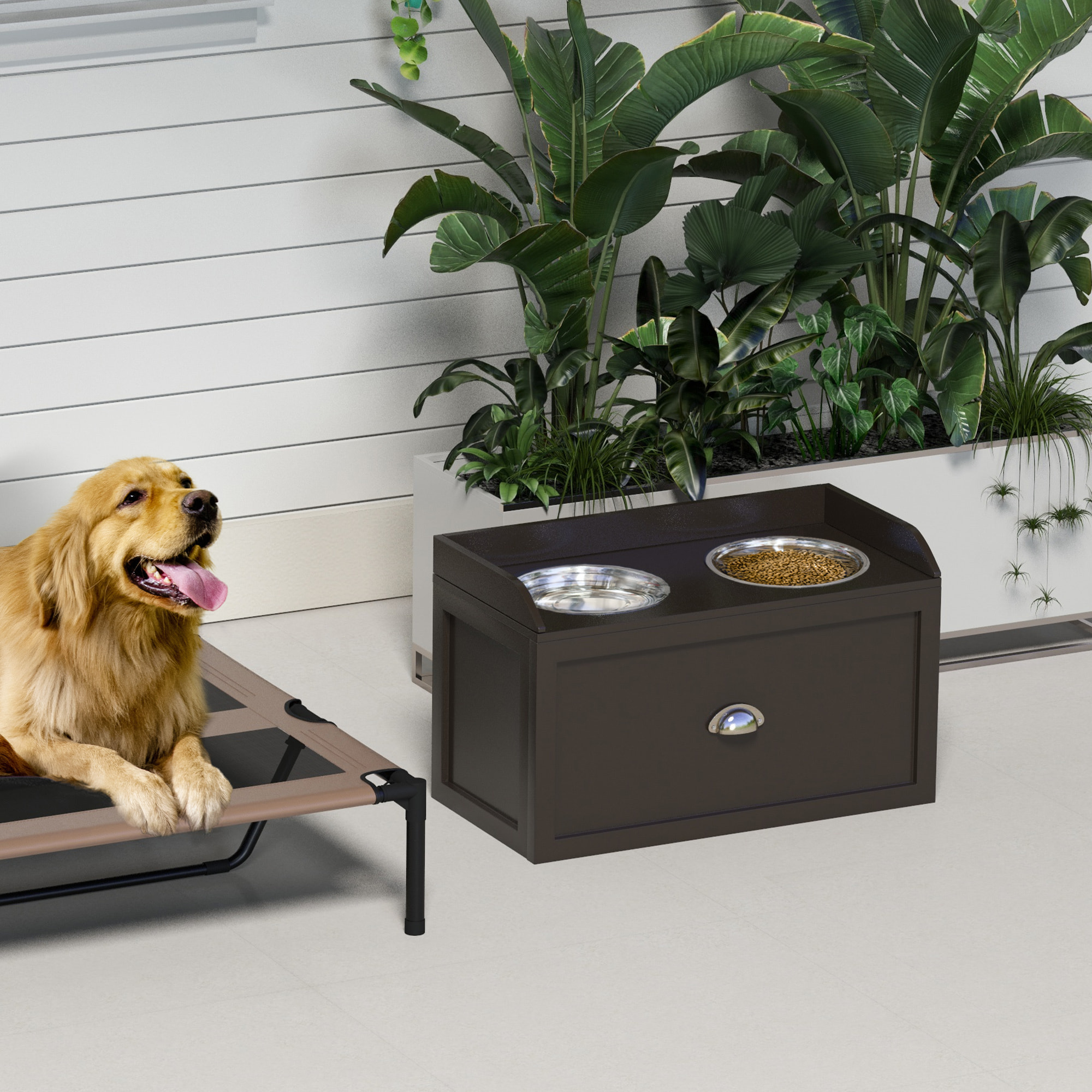 Gamelle double chien chat - porte-gamelles surélevé rangement 2 en 1 - tiroir, 2 gamelles - acier inox. MDF brun