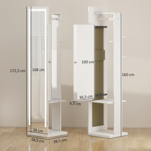 Espejo Joyero con Luces LED, Armario para Joyas, Armario Joyero con Espejo Entero, Perchero, Giratorio de 360°, Estantes Abiertos, Barras para Colgar, Blanco