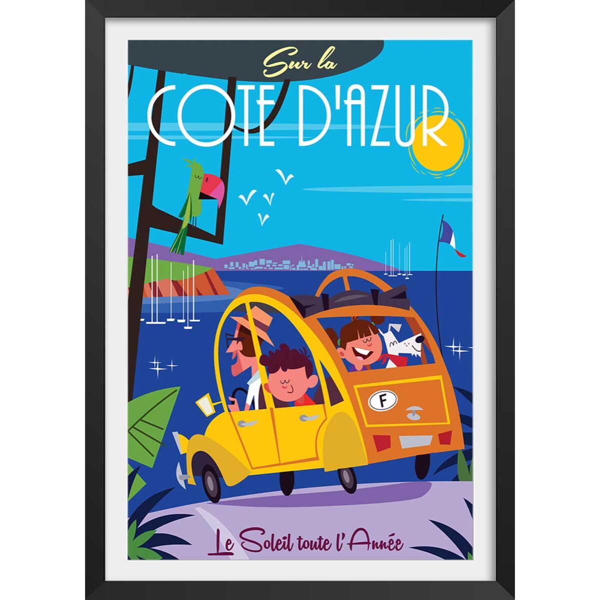 Poster retro le soleil de la cote d'azur Affiche + cadre en bois - Noir