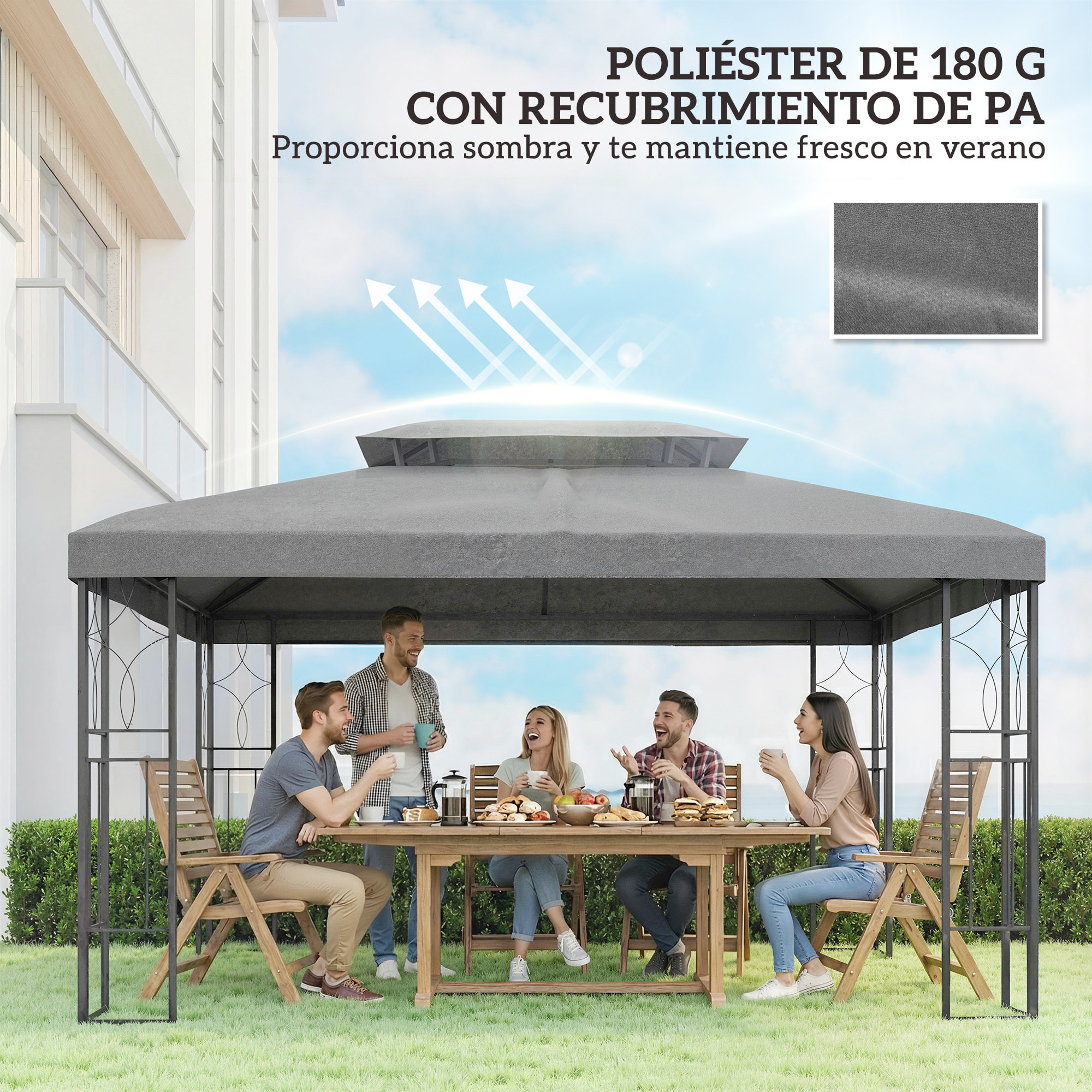 Techo de Repuesto para Cenador, 4x3 m, Cubierta de Repuesto con Techo Doble, 10 Orificios de Drenaje y Protección UV, SOLO Toldo de Recambio para Pabellón Gazebo, Gris