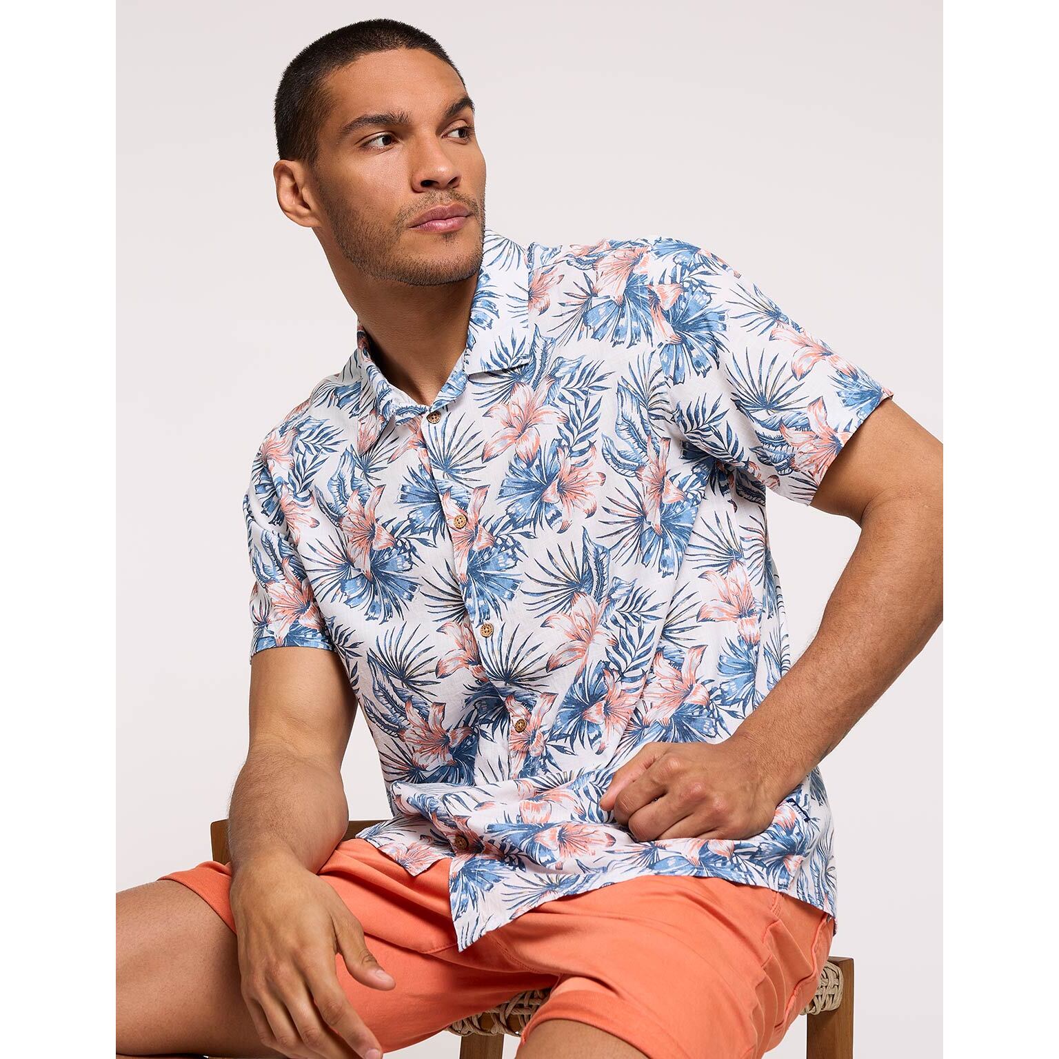Camisa Flores Manga Corta Blanco - Bikor
