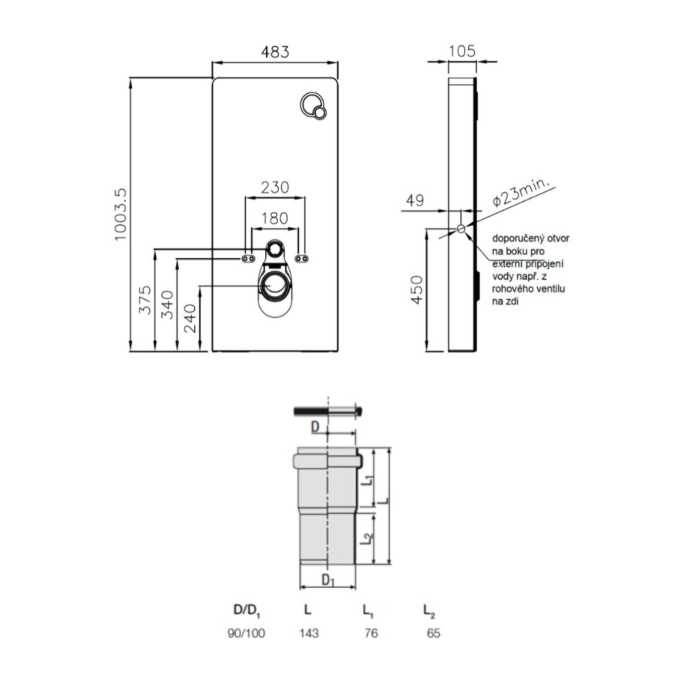 Glass bâti-support pour WC suspendu, hauteur 100,3 cm, double chasse 3/6 L, noir (SATAMGBL-FR)