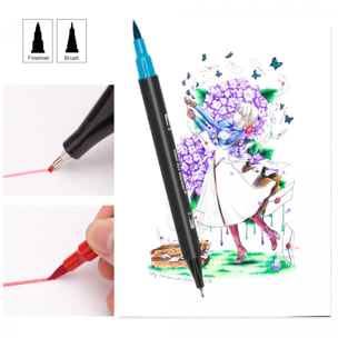 Set 36 Rotuladores BLACK LINEcolor doble punta, punta fina 0,4 mms y punta pincel acuarelable profesional. Forma redonda ergonómica para lettering, caligrafía, ilustraciones…