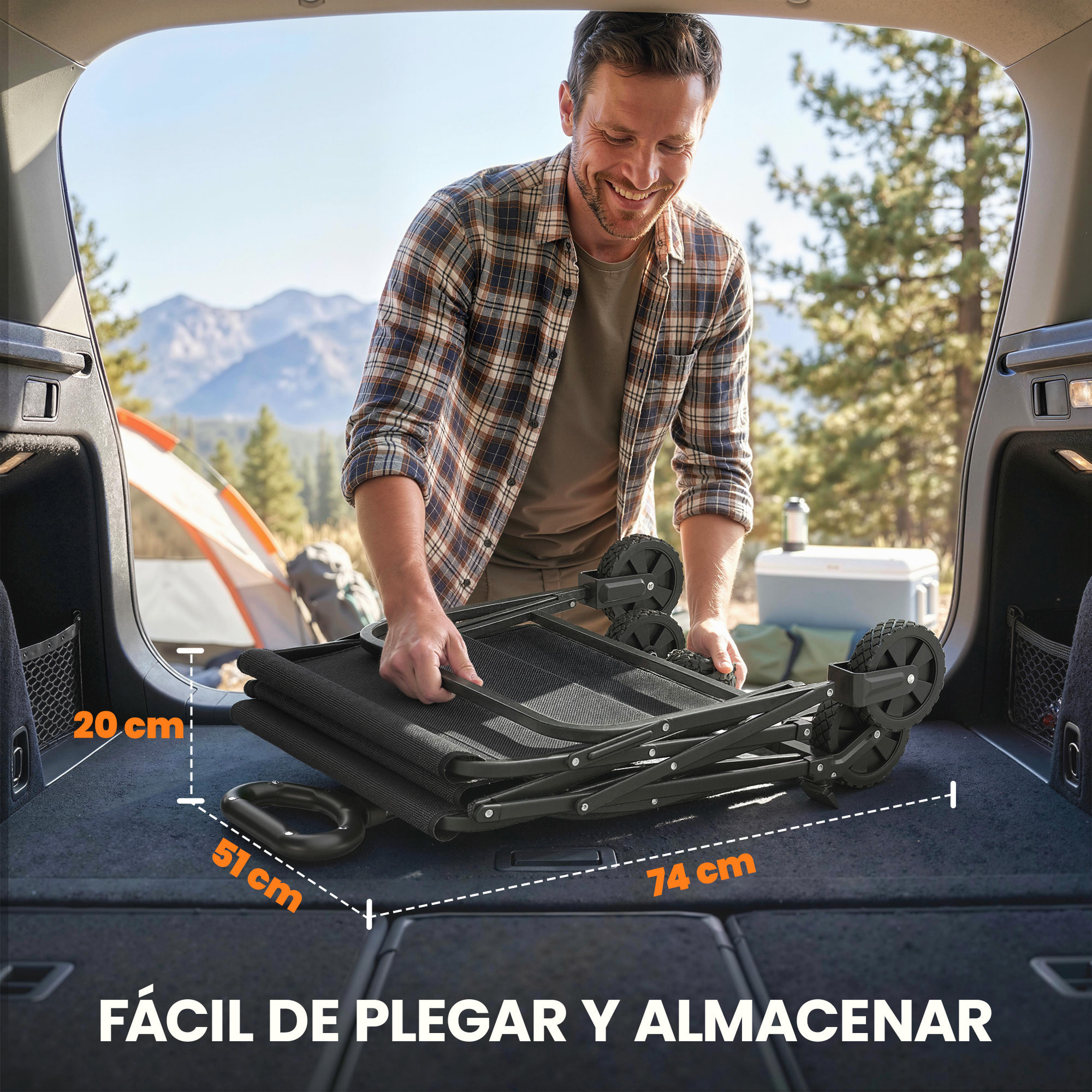 Carro Playa con Ruedas Grandes Bloqueables, Carro de Jardín Plegable con Mango Ajustable, Portavasos y Marco de Metal, Carga 80 kg, Carrito Transporte para Jardín, Campaña, Compras, Negro