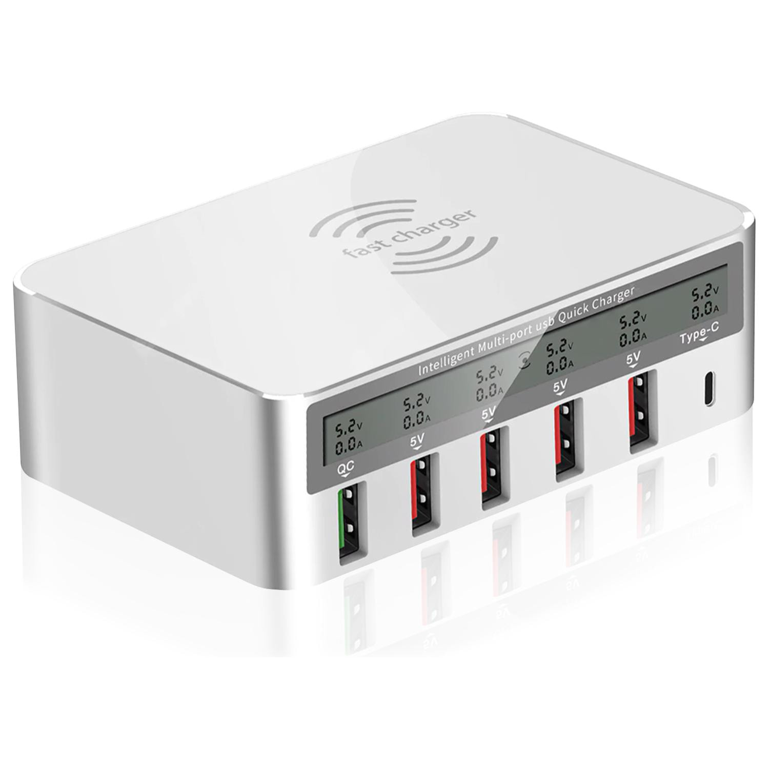 Caricabatterie rapido Multi Qi, con 4 prese USB, 1 uscita QC (Quick Charge) e 1 uscita di tipo C. Display informativo LCD.