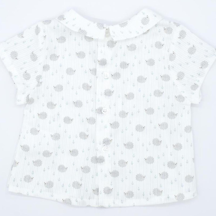 Camisa estampado de erizos, manga corta. Tiene cuello y un pliegue en el centro del cuello.
