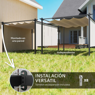 Pérgola de Jardín 4x3 m con Techo Retráctil y 3 Laterales Enrollables, Cenador de Jardín Montado en Pared o Independiente, con UPF30+, Estructura Metálica, Pabellón para Exterior, Beige
