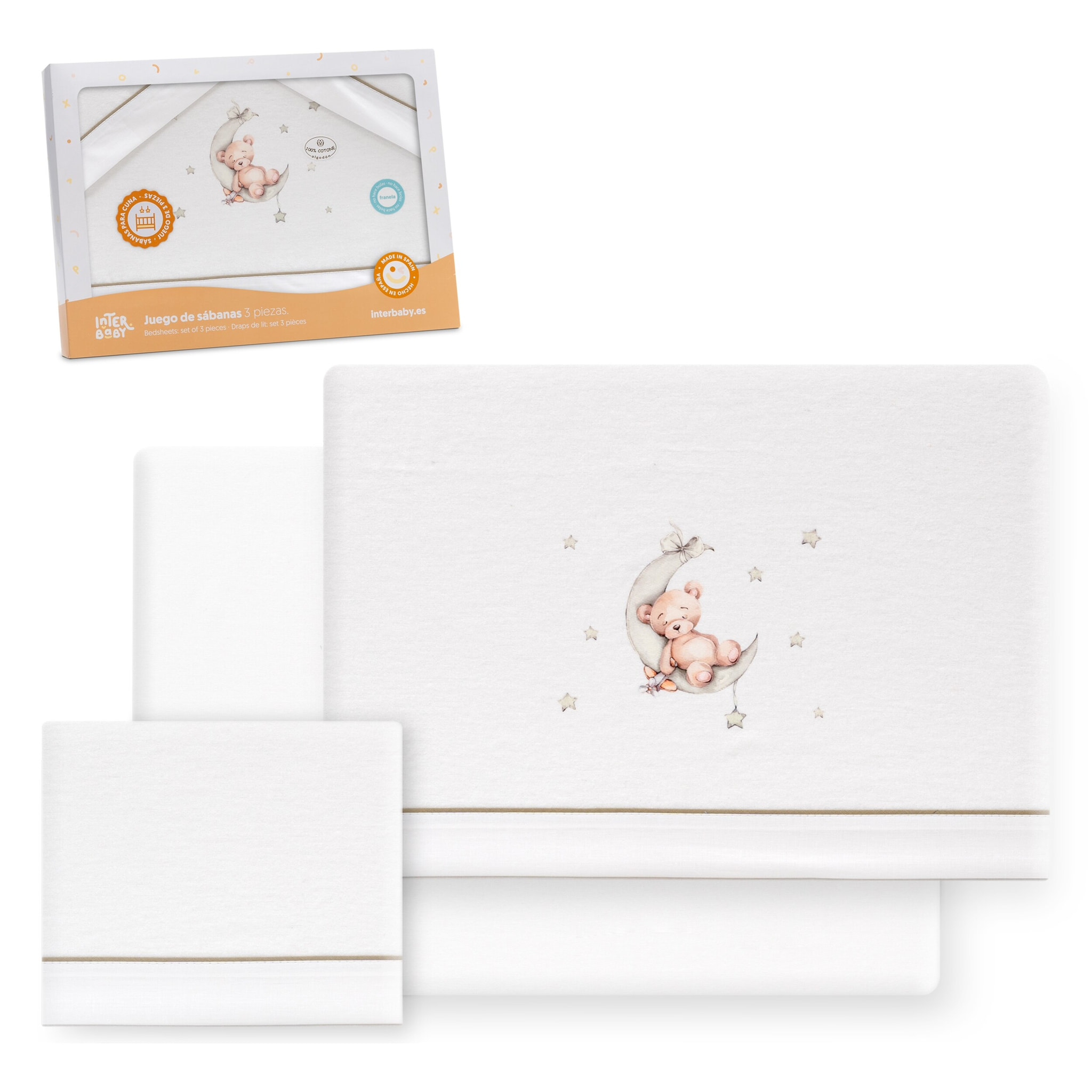 Triptico Cuna Franela Estampado Oso Luna Estrellas Bco/Verde