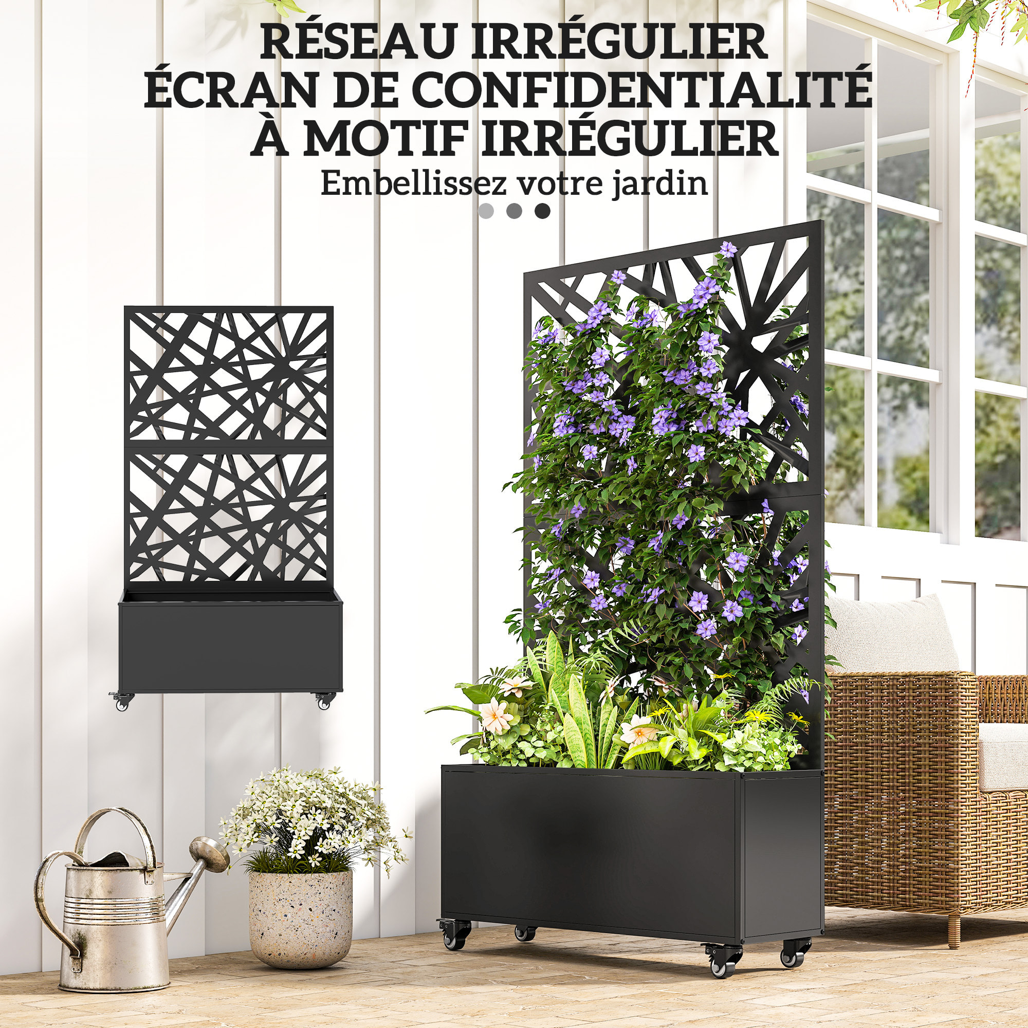 Jardinière treillis haut mobile design graphique métal thermolaqué noir