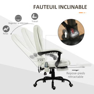 Vinsetto Fauteuil de bureau direction massant hauteur réglable dossier inclinable repose-pied + coussin lombaires intégrés revêtement synthétique blanc