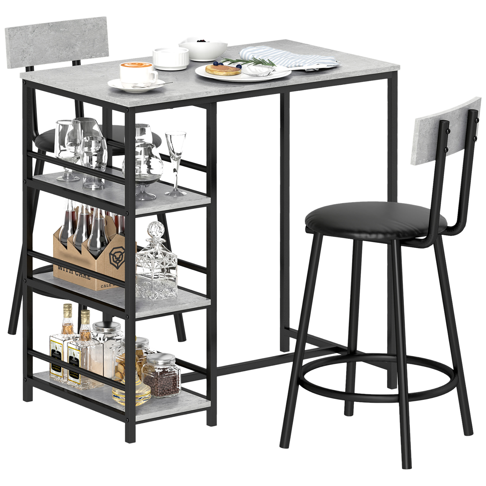Conjunto de Mesa Alta de Bar con 2 Taburetes Mesa Alta de Cocina con Taburetes Estantes Laterales Asiento Acolchado y Barra para Descanso de Pies para Comedor Gris Oscuro