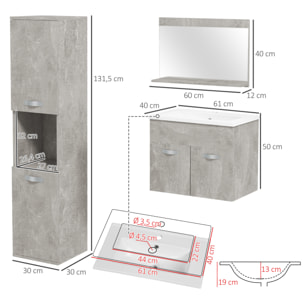 Ensemble 3 meubles salle de bain avec vasque - meuble sous-vasque suspendu, miroir, meuble colonne mural - aspect béton ciré
