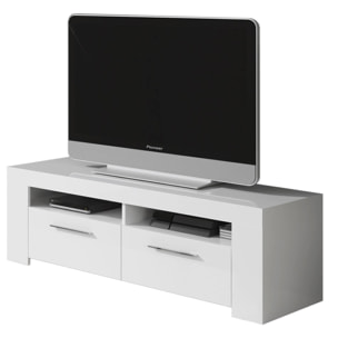 Mobile porta TV Stamford, Credenza per televisione da soggiorno, Supporto TV a 2 ante, Credenza bassa da salotto, cm 120x42h40, Bianco lucido