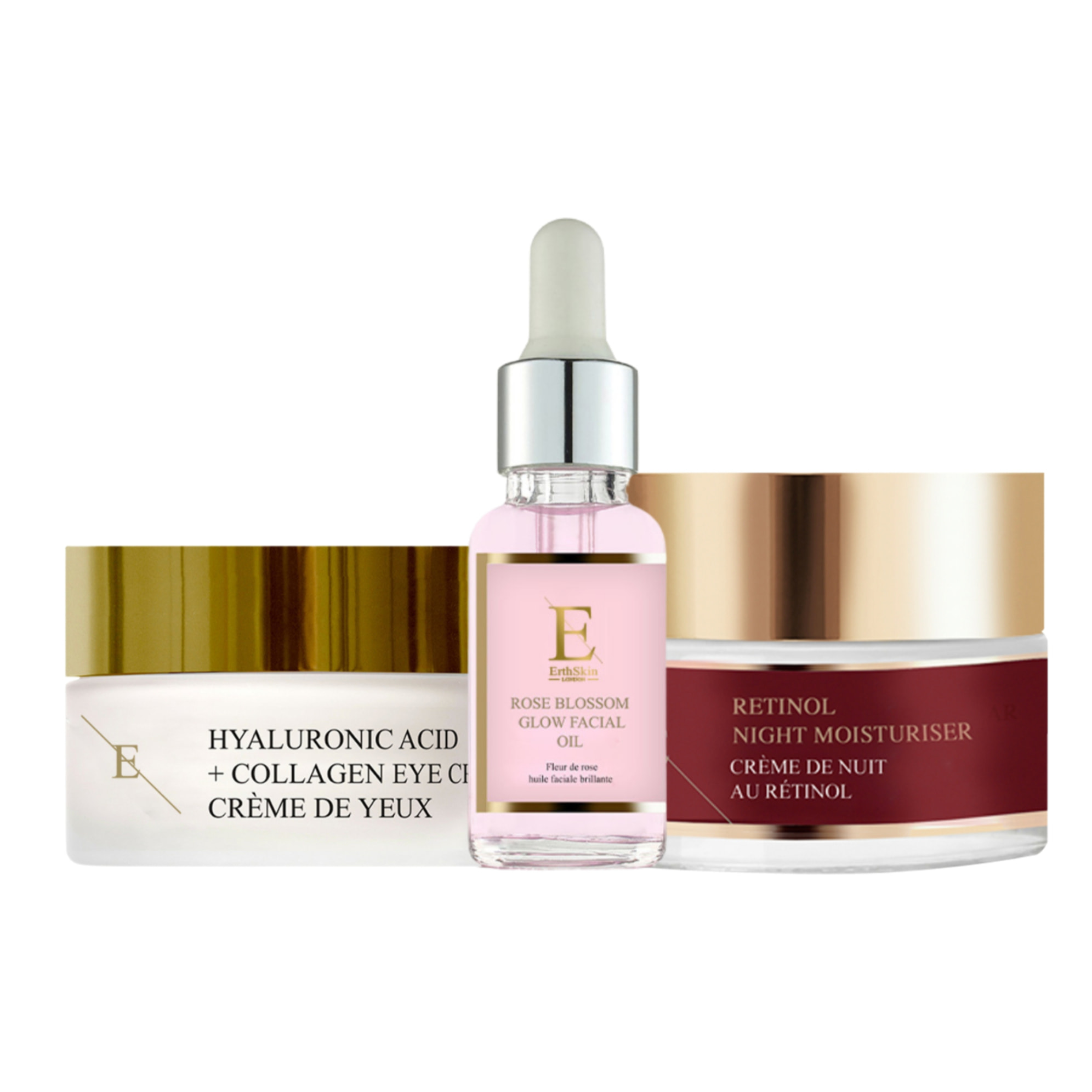 Retinol Hidratante de Noche 50ml+ Ácido Hialurónico + Colágeno Pro Age Contorno de Ojos 30ml + Aceite Facial Flor de Rosa 30ml