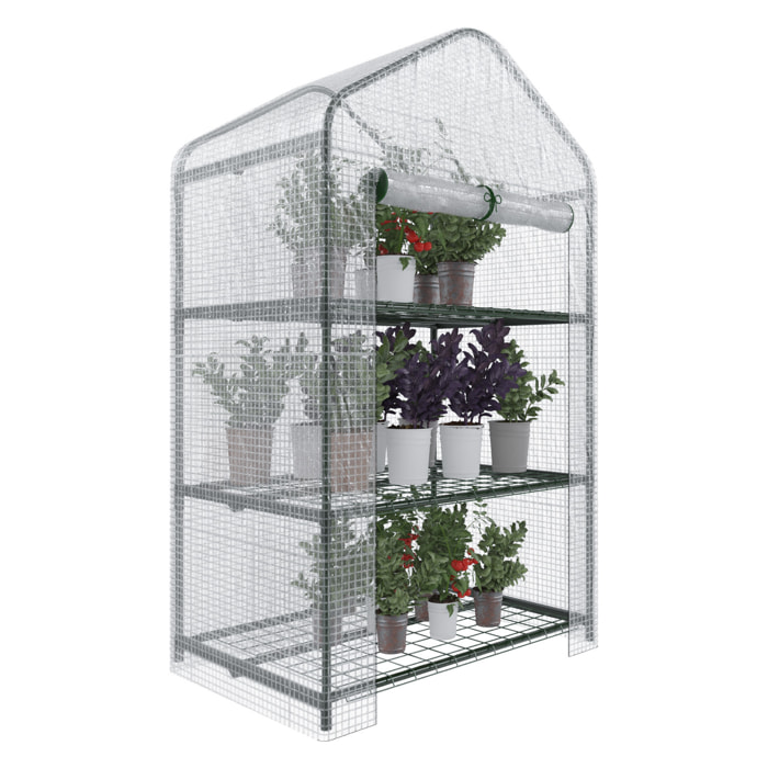 Serra A 3 Ripiani Da Giardino Per Orto Telaio In Acciaio Verniciato Telo In PVC Trasparente Porta Avvolgibile Apertura A Cerniera 69x49x125 Cm