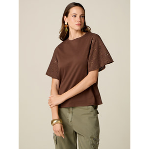 Oltre - T-shirt con maniche in sangallo - Marrone