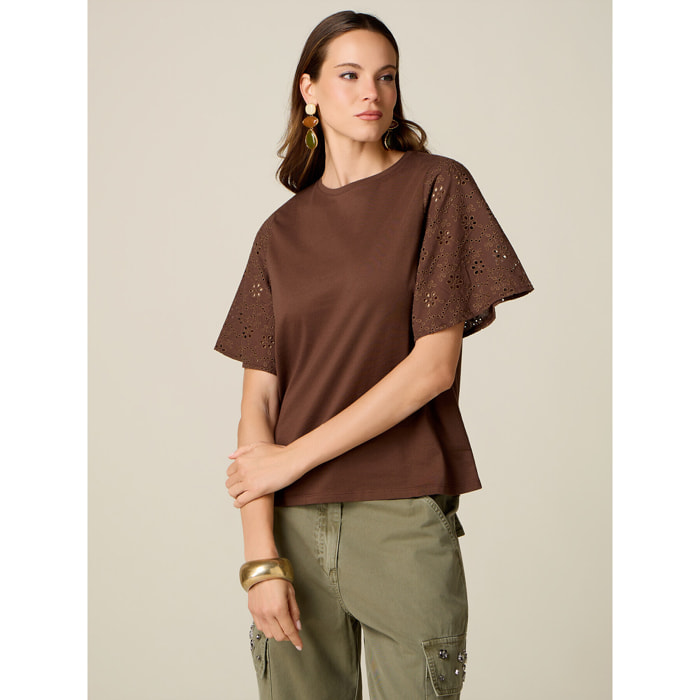 Oltre - T-shirt con maniche in sangallo - Marrone