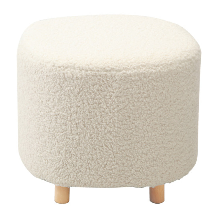 Pouf bouclette blanc en tissu imitation laine pieds en bois - BOUCLE